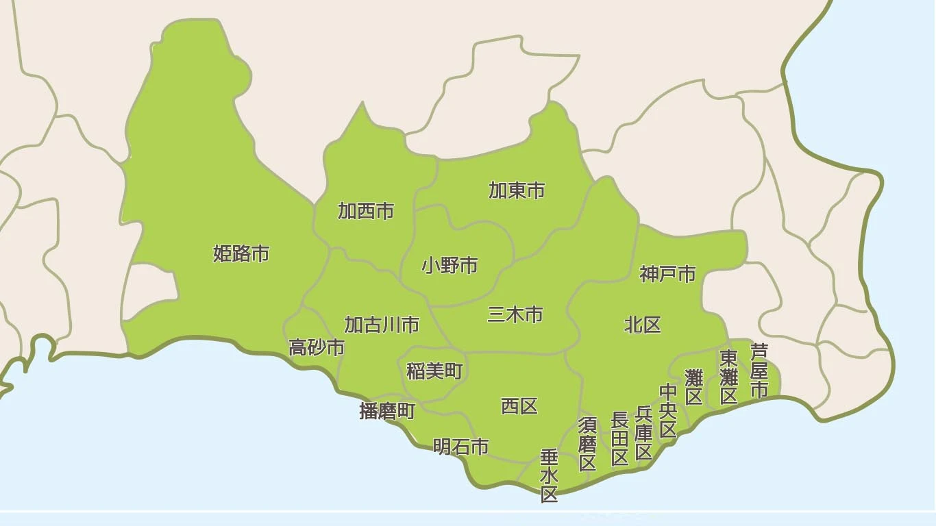 ガーデンエースの施工エリア。明石市、神戸市、芦屋市と播磨地域の各市町